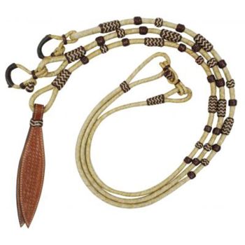 Reins -Showman Braided Natural Rawhide Romal with natural stitched Leather Popper