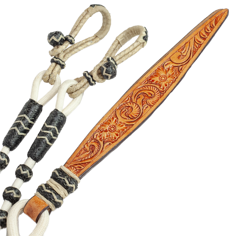 Rein - Showman Braided Natural Rawhide Romal  with floral tooled Leather Popper