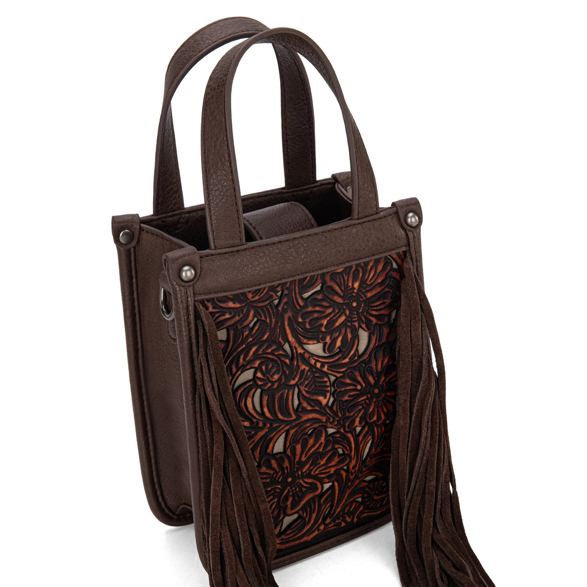 Trinity Ranch Floral Tooled Fringe Mini Tote/Crossbody Coffee