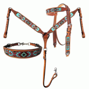Showman Argentina Cow Leather 3-Piece Headstall and Breast collar Set with Aztec Beaded Inlay