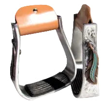 Stirrups - Showman Silver Engraved with copper and teal Feather Concho
