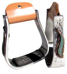 Stirrups - Showman Silver Engraved with copper and teal Feather Concho