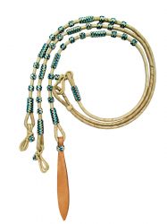 Reins - Showman Braided Natural Rawhide Romal with Leather Popper and Blue Rawhide Beads