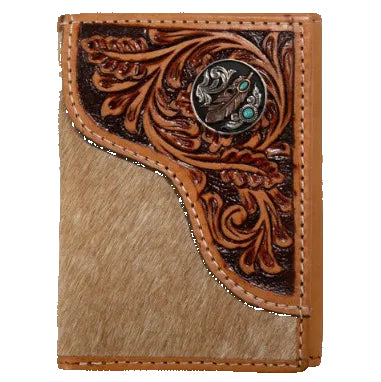 Wallet - Nocona Mens Trifold Wallet Tooled Overlay Feather Concho Tan