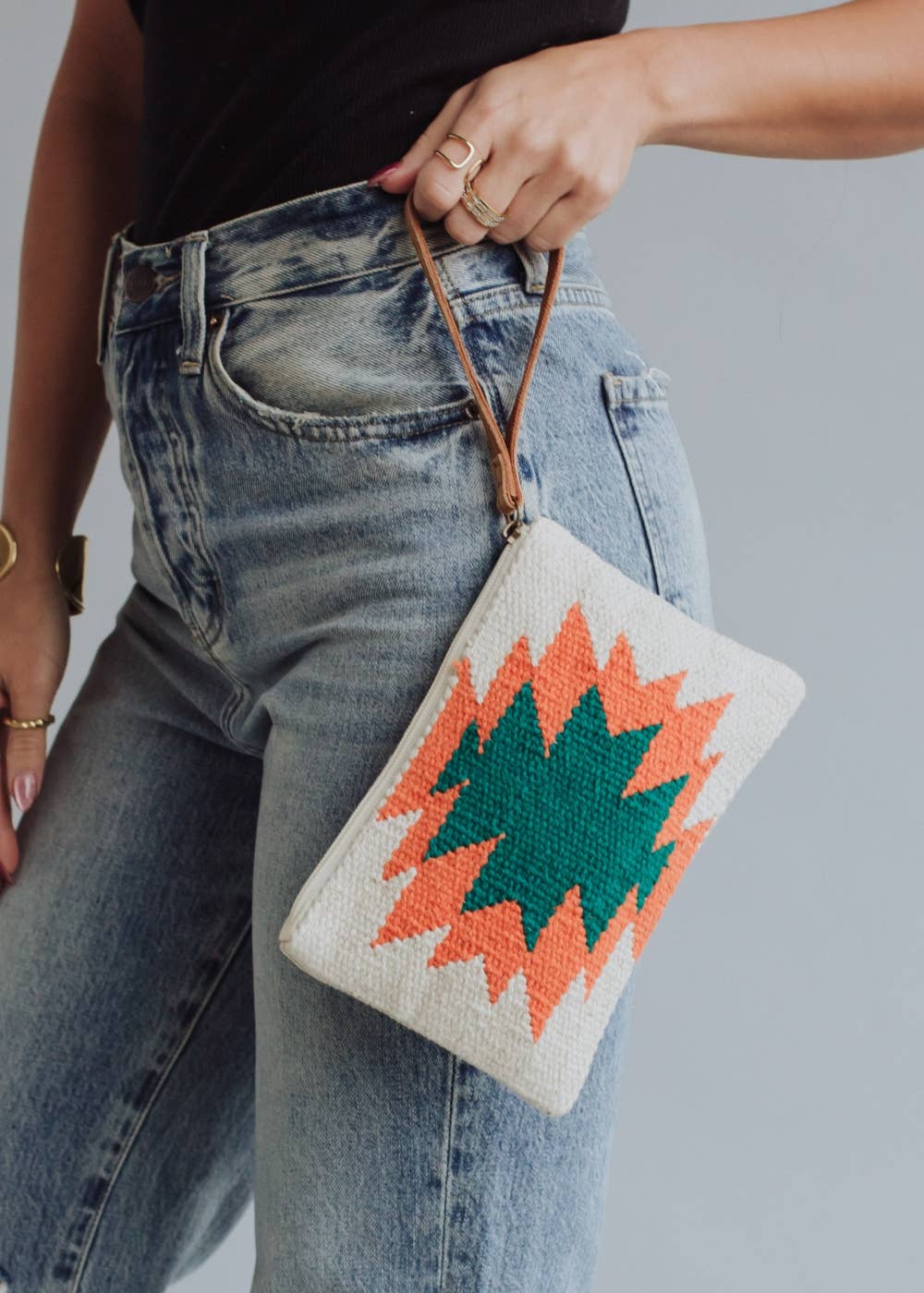 Beige, Orange & Green Aztec Wristlet