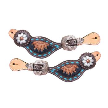 Spur Straps - Showman Ladie's Sunflower Tooled with Turquoise Buckstitch Trim