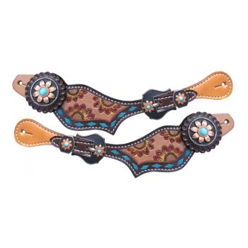 Spur Straps - Showman Ladies Hand Painted Sunflower with Turquoise Backstitch