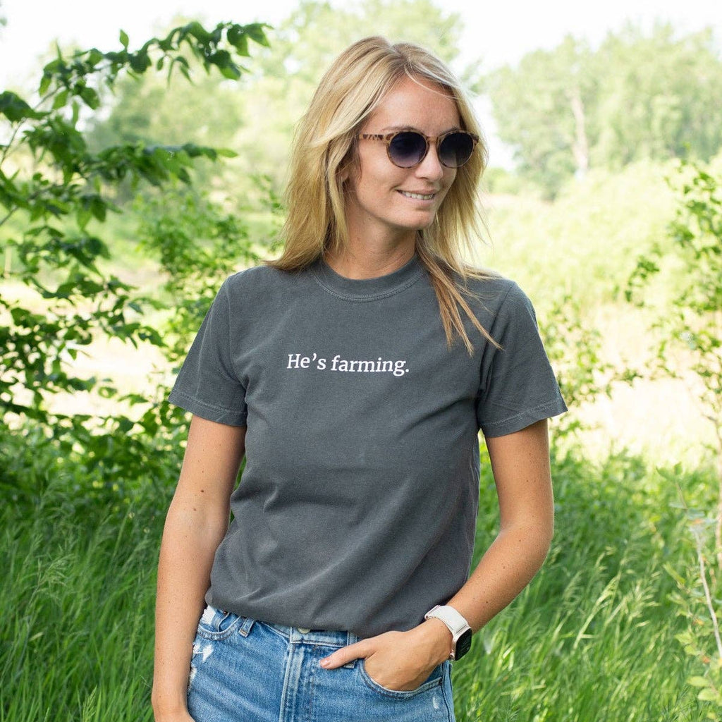 Western 'He's Farming.' Charcoal Graphic Comfort Colors Tee (Pre-Order)