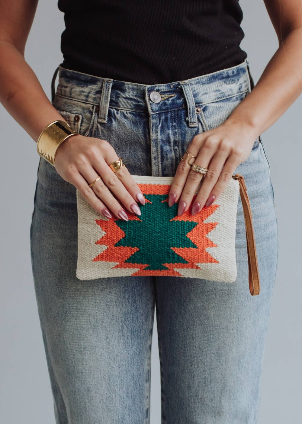 Beige, Orange & Green Aztec Wristlet
