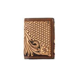 Wallet - 3D Mens Trifold Style Hand Tooled Floral Basketweave Tan