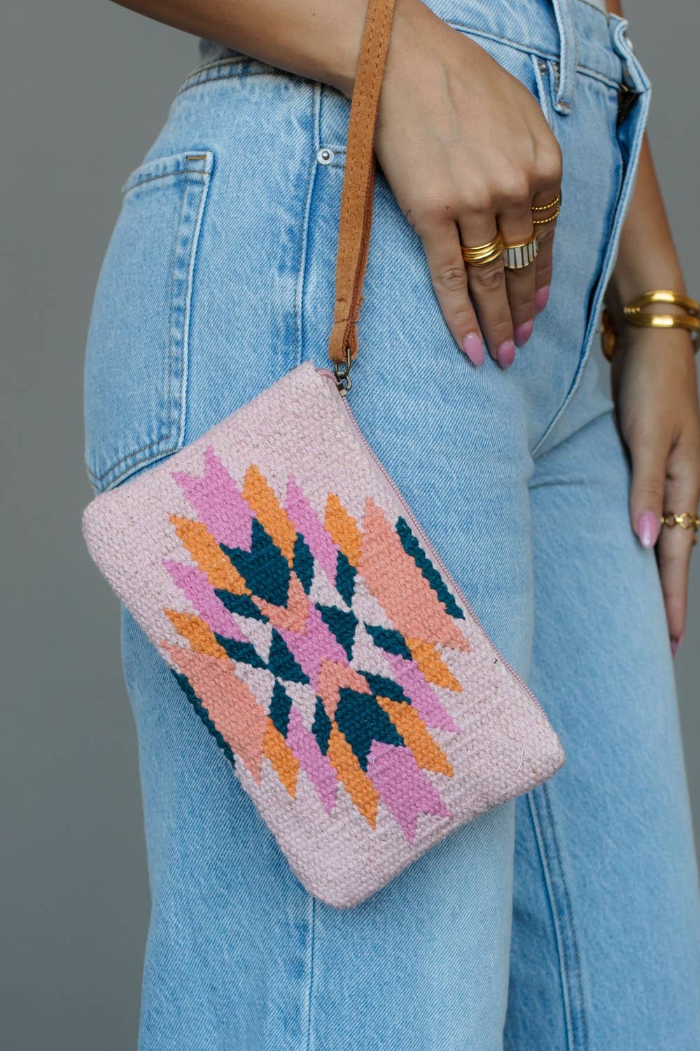 Pink, Teal & Orange Aztec Wristlet