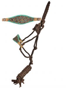 Noseband - Showman Woven Brown nylon mule tape halter with tooled flower