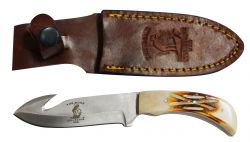The Bone Collector Fixed Blade gut Hook knife with bone handle and leather holster