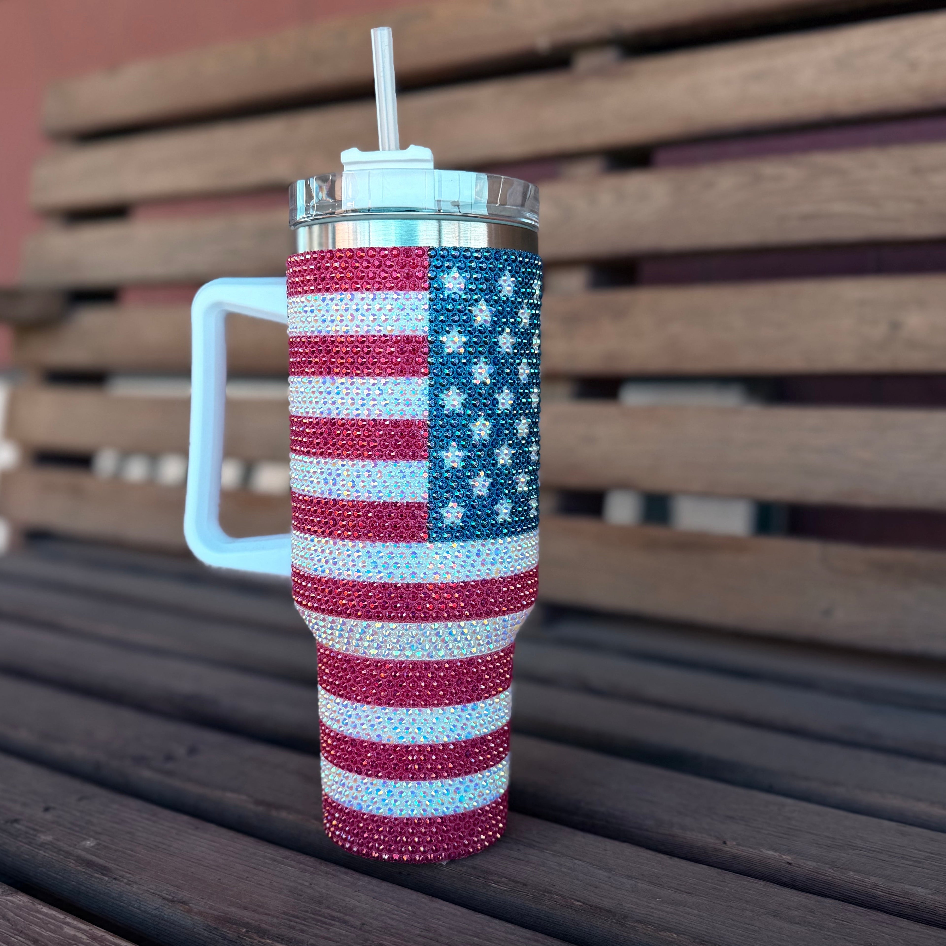 AMERICAN FLAG RHINESTONE STAINLESS STEEL TUMBLERS 40oz