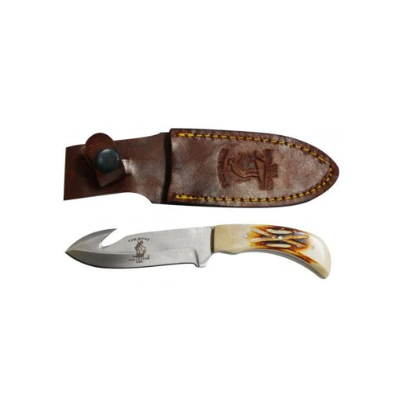 The Bone Collector Fixed Blade gut Hook knife with bone handle and leather holster