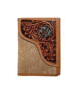 Wallet - Nocona Mens Trifold Wallet Tooled Overlay Feather Concho Tan