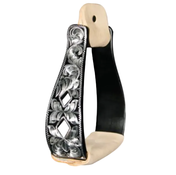 Stirrups - Showman Black Aluminum Engraved Silver Cut out Diamonds