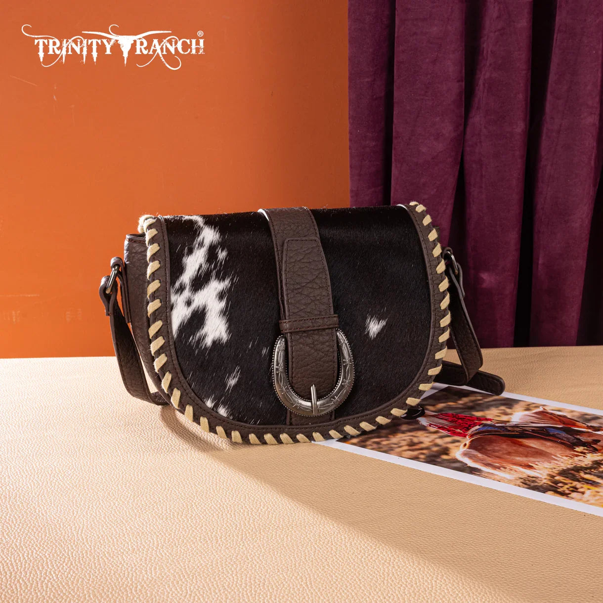 Trinity Ranch Western Hair-On Cowhide Saddle Crossbody - Coffee