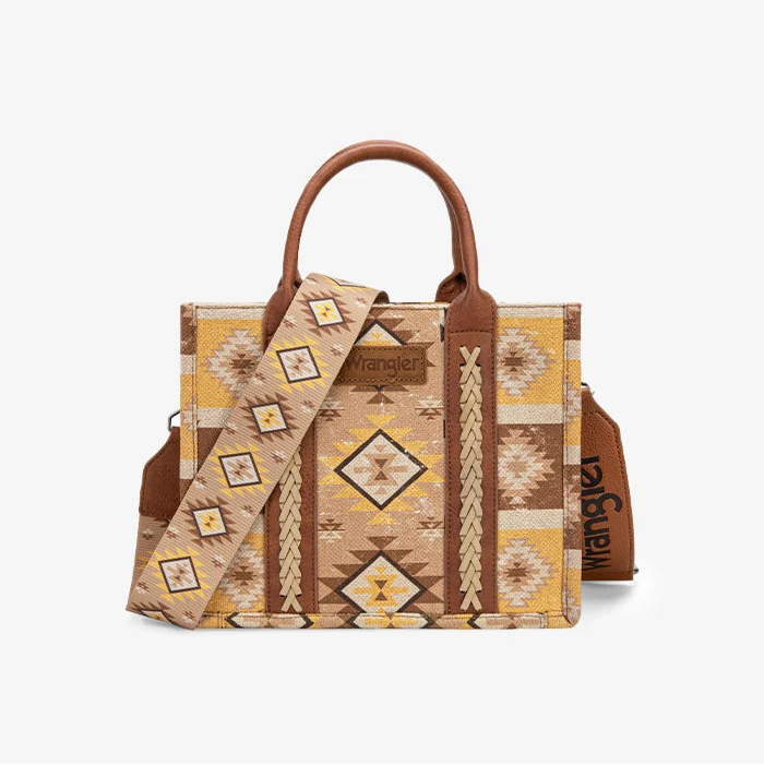 Purse - Wrangler Aztec Pattern Dual Sided Print -Tote/Crossbody - Tan