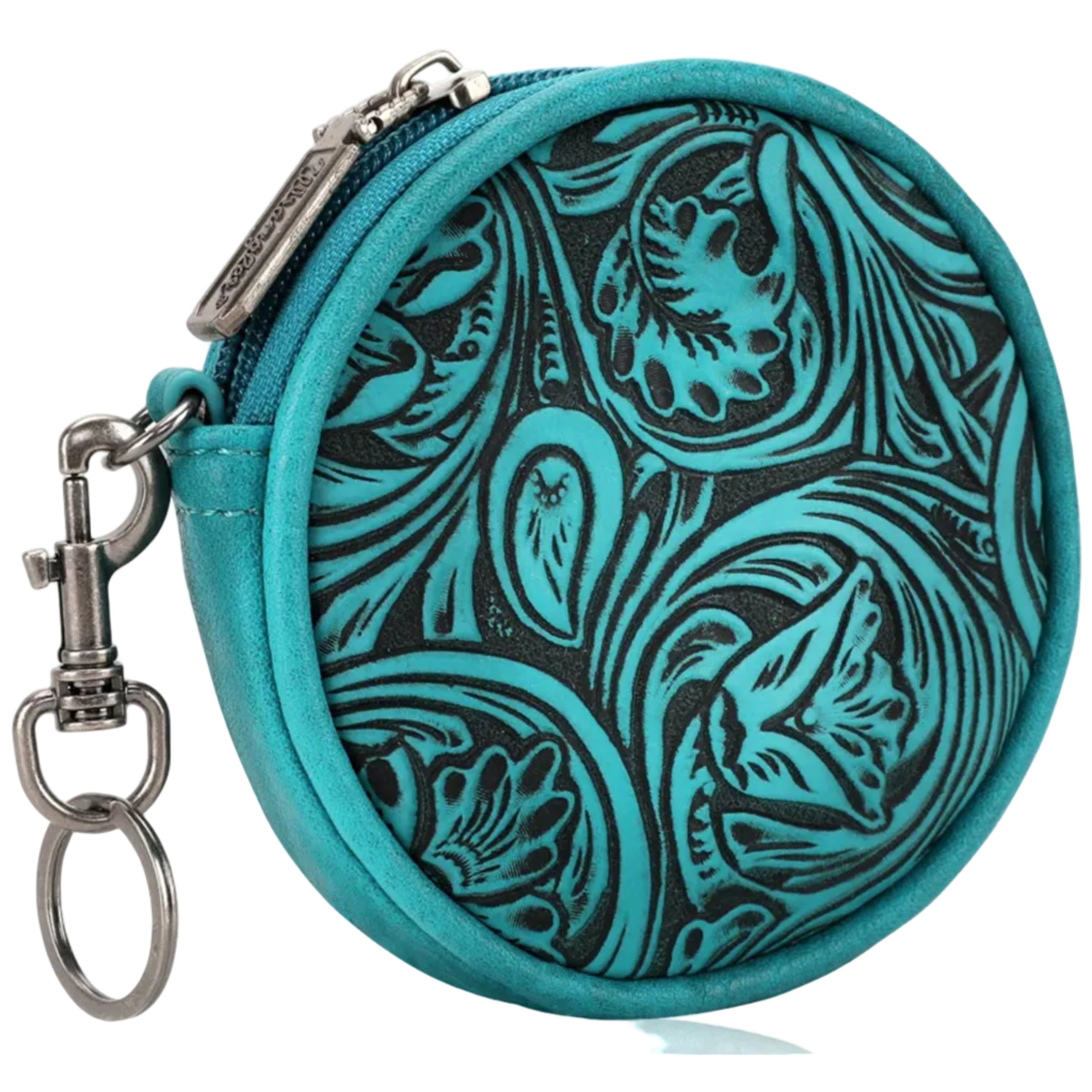 Wrangler Floral Tooled Coin Pouch Keychain - Western Leather Bag Charm Accessory
