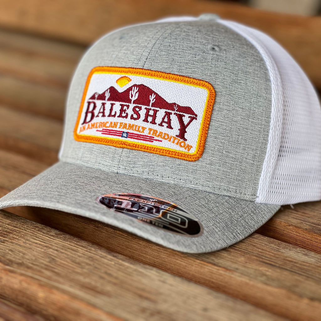 Heather Grey White Mesh Hat featuring our Bales Hay Patch with the mountain scape of Buckeye Arizona!