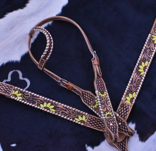 Showman - Hand Painted 3D Leather Sunflower One Ear Headstall and Breast Collar Set 8007
