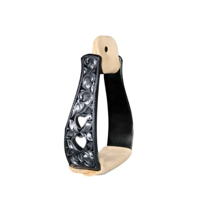Stirrup - Showman Black Aluminum With Silver Engraving And Cut Out Hearts Designs