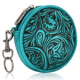 Wrangler Floral Tooled Coin Pouch Keychain - Western Leather Bag Charm Accessory