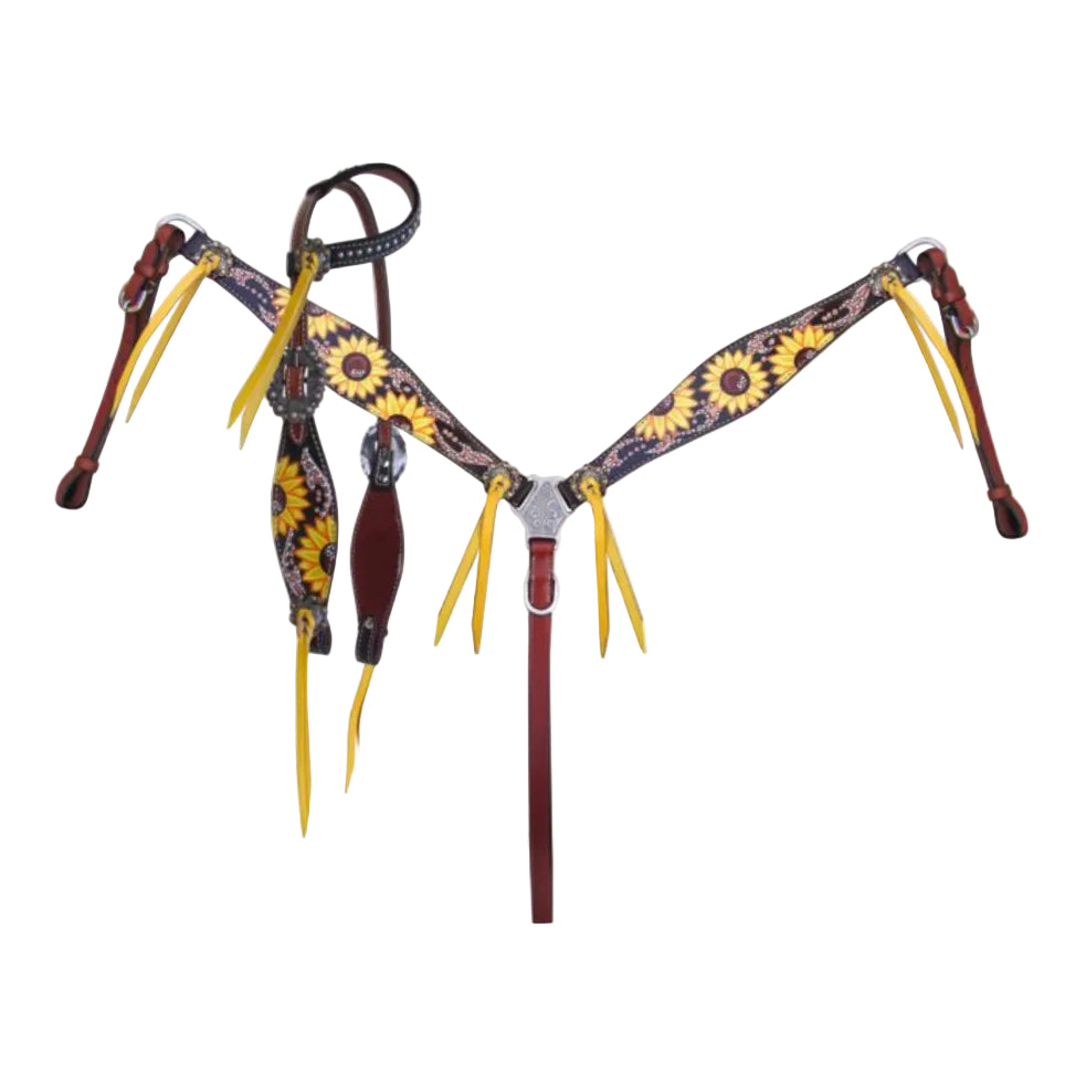 Sun Flower and Brown Accent Overlay HS/BC Set W/Yellow Leather Tassels