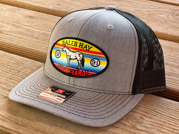 Bales Hay Brand Hat: Homestead Oval Horse Patch Snapback / Charcoal/ Black Mesh / Richardson Flat Bill.