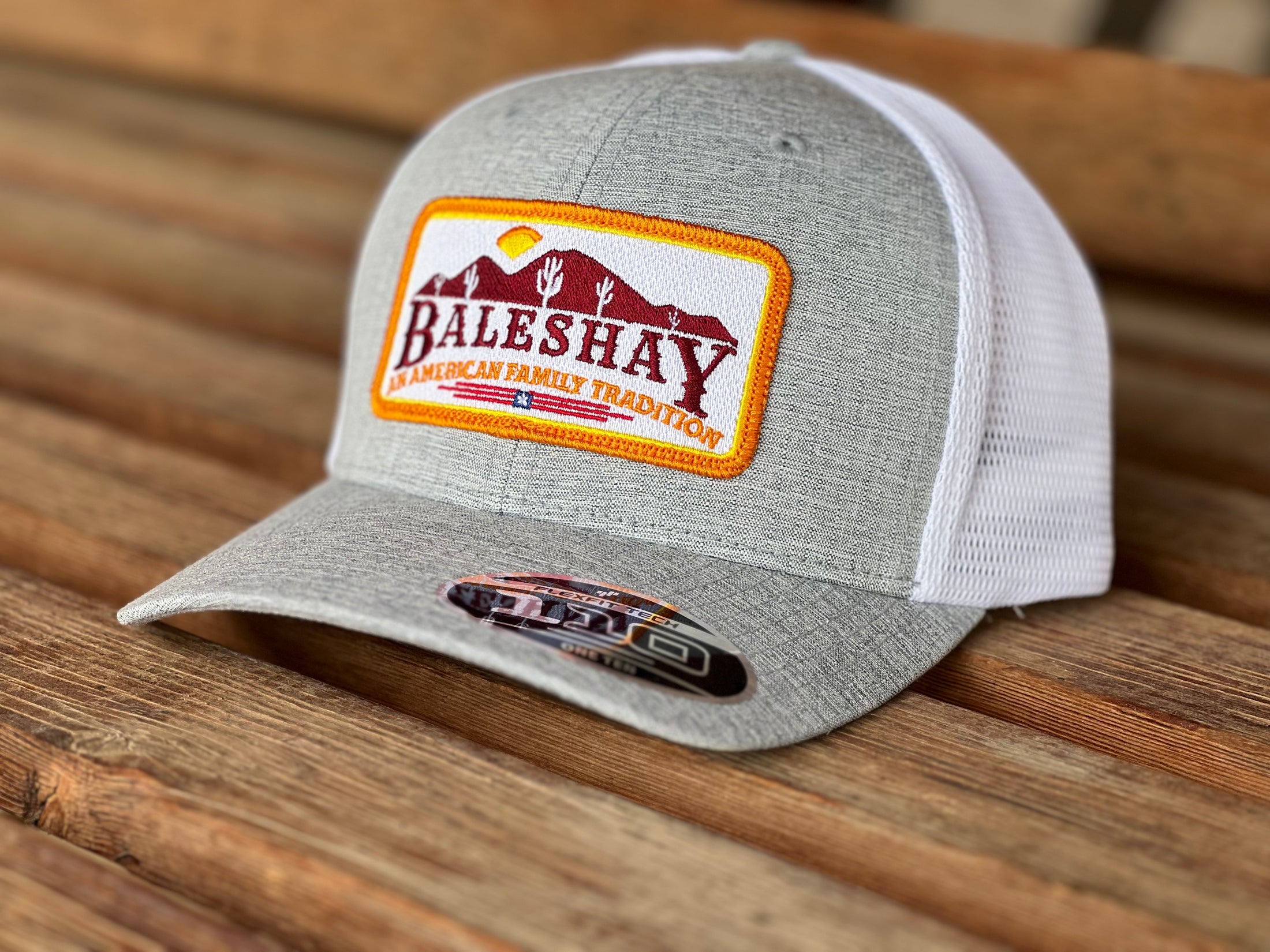 Heather Grey White Mesh Hat featuring our Bales Hay Patch with the mountain scape of Buckeye Arizona!