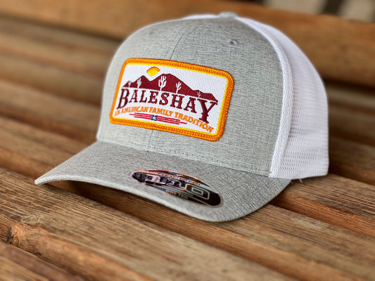 Heather Grey White Mesh Hat featuring our Bales Hay Patch with the mountain scape of Buckeye Arizona!